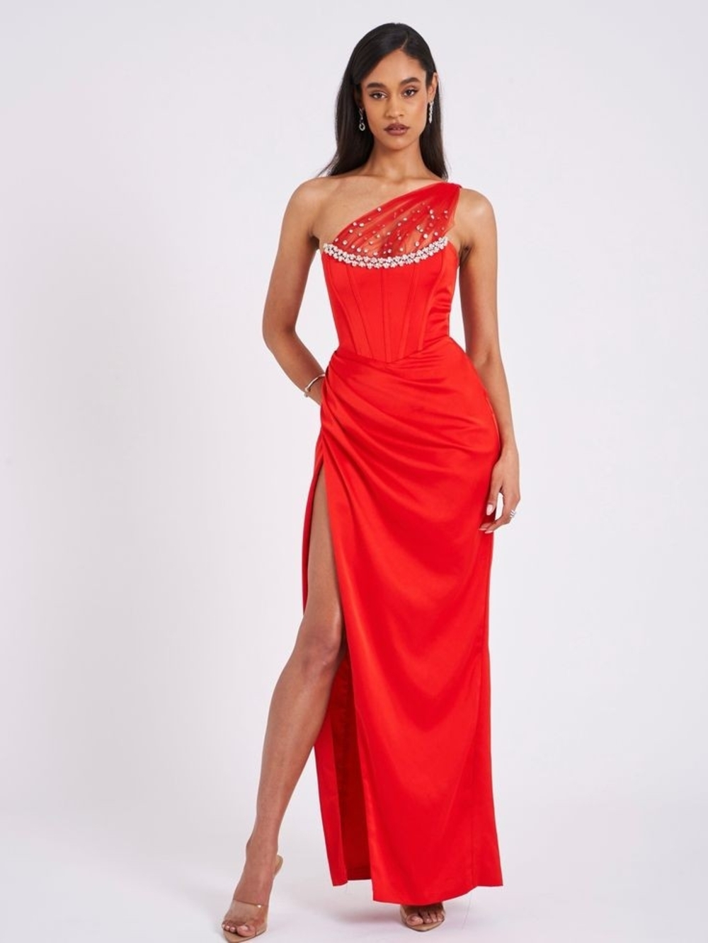 Scarlet One-Shoulder Evening Gown with Embellished Sheer Yoke